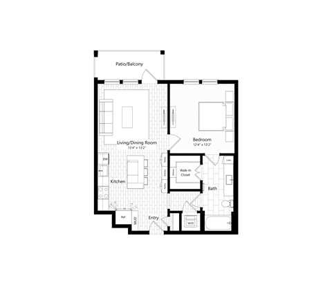 Floor plan for 1 bed, 1 bath, 783 sqft
